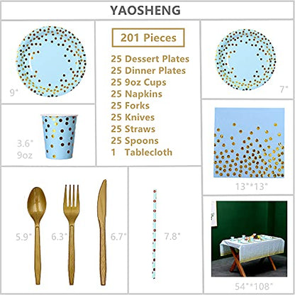 201-Piece Blue Party Supplies Set - Disposable Paper Dinnerware Serves 25 - Gold Dot Blue Paper Plates, Napkins, Cups & Plastic Silverware Sets for Wedding, Baby Shower & Holiday Parties - color: Blue