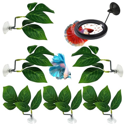 6 PCS Betta Leaf Hammocks & Feeding Ring, Betta Feeding Ring with Suction Cups, Aquarium Leaf Hammock Resting Bed for Fish Spawning, Breeding & Tank Decor & Fish Tank Accessories