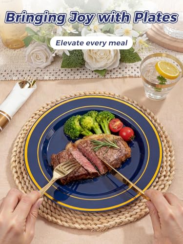WDF Partyware 350PCS Navy Blue and Gold Plastic Plates with Rolled Napkins Include Dinner Plate 10’’, Dessert Plate 7’’, gold Cups 9 OZ, Pre Rolled Napkins for Birthday/Wedding/Party/Graduation - color: Blue and Gold, size: 350