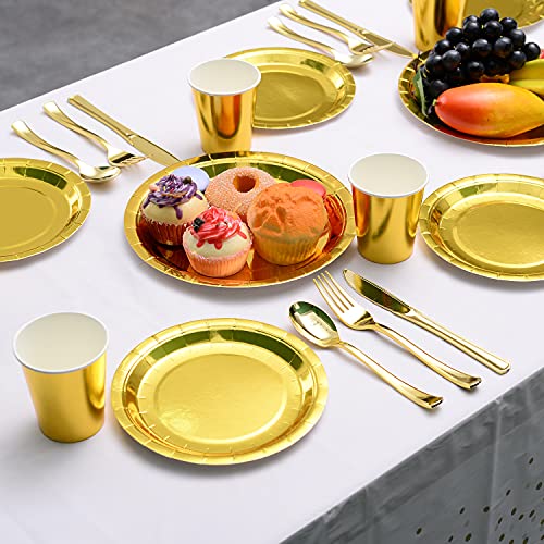 200pcs Solid Gold Party Supplies - Gold Paper Plates & Napkins, Silverware, Serves 25 Sets for Wedding, Bridal Shower, Engagement, Birthday Parties - color: Gold