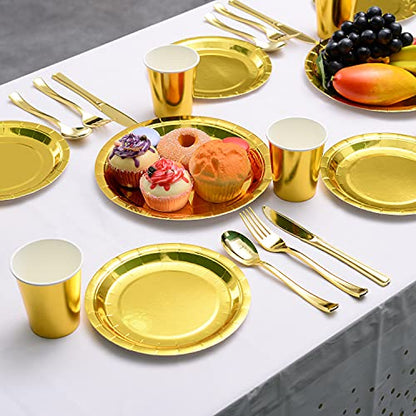 200pcs Solid Gold Party Supplies - Gold Paper Plates & Napkins, Silverware, Serves 25 Sets for Wedding, Bridal Shower, Engagement, Birthday Parties - color: Gold