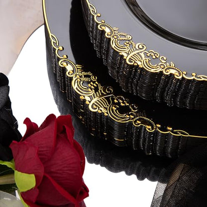 Hioasis 175pcs Black and Gold Plates - Black Party Plates for 25 Guest, Include 50 Heavy-duty Plates(20% Thicker Than Standard), 75 Cutlery Set, 25 Napkin, 25 Cups for Graduation - color: Black and Gold