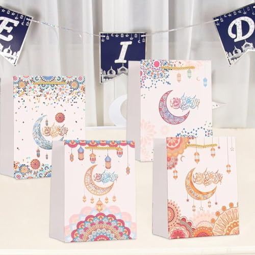 Sanfly Eid Mubarak Gift Bags 12pcs Ramadan Islamic-Themed Handheld Kraft Paper Bag Sweet Candy Bags for Arabian Eid Party