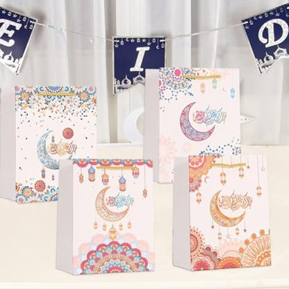 Sanfly Eid Mubarak Gift Bags 12pcs Ramadan Islamic-Themed Handheld Kraft Paper Bag Sweet Candy Bags for Arabian Eid Party