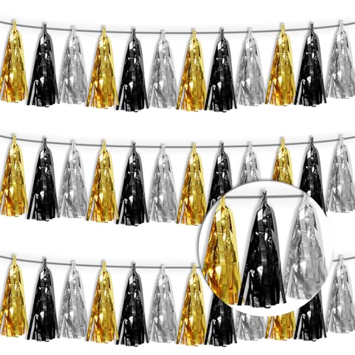 3P Black Gold Silver Tassel Banner Garland Metallic Foil Fringe Banner Tinsel Tassels Streamer Banner Backdrop for Parade Floats, 2025 Graduation Decorations, New Years Decorations,Father' Day - color: Black Gold Silver