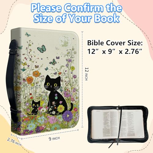Bible Cover Case for Women, PU Leather Large Bible Cases with Zipper Fits Books Up to 12" x 9" x 2.76”, Bible Carrying Bag for Men, Garden Cat - color: Garden Cat