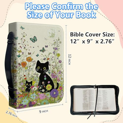 Bible Cover Case for Women, PU Leather Large Bible Cases with Zipper Fits Books Up to 12" x 9" x 2.76”, Bible Carrying Bag for Men, Garden Cat - color: Garden Cat