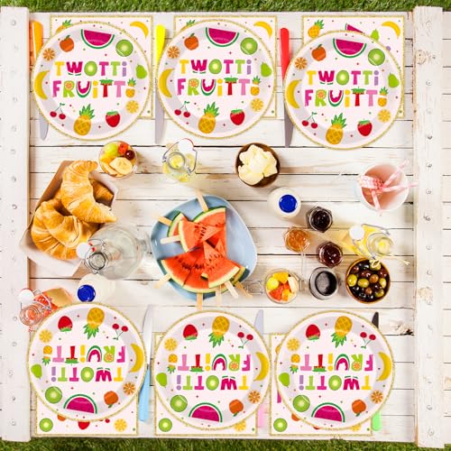 Qyeahkj 48Pcs Twotti Frutti Paper Plates and Napkins Summer Fruit 2nd Birthday Party Decorations Second Birthday Party Supplies Summer Fruit Disposable Tableware Set for Kids Boys Girls Serve 24 - style: Twotti Frutti