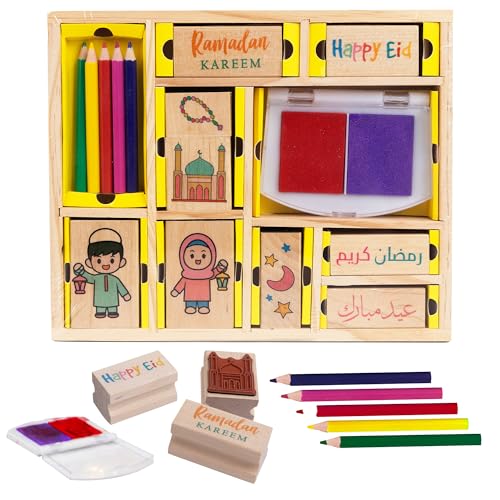 Dstampss Ramadan & Eid Mubarak Wooden Stamp Craft Kit – 9 Islamic Stamps with Ink Pads for Kids, DIY Cards, Scrapbooking, Eid Party Favors, Goodie Bag Fillers, Ramadan Decorations