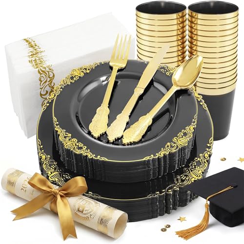 Nervure 175pcs Clear Black Plastic Plates - Gold Plastic Dinnerware Set for 25 Guests include 50 Disposable Plates,75 Gold Silverware,25 Cups,25 Napkins Perfect for Party&Independence Day - color: Black, style: 175Pcs(25Guests)