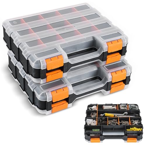 NATGAI 2 Pack Small Parts Organizers, 34-Compartments Double-Sided Tool Box with Removable Dividers for Hardware, Screws, Bolts, Nails & Fishing Accessories, Durable Plastic Storage Case (Orange) - color: Orange