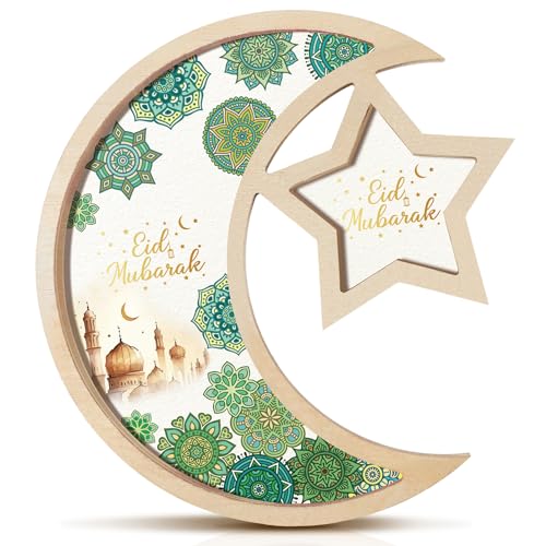 Vercraft Ramadan Serving Tray Moon Star Eid Mubarak Wood Tray Table Plate Decor Gift Ramadan Platter Decoration for Table Islam Muslim Party Tableware for Home Party Dessert Snack(Green Floral)