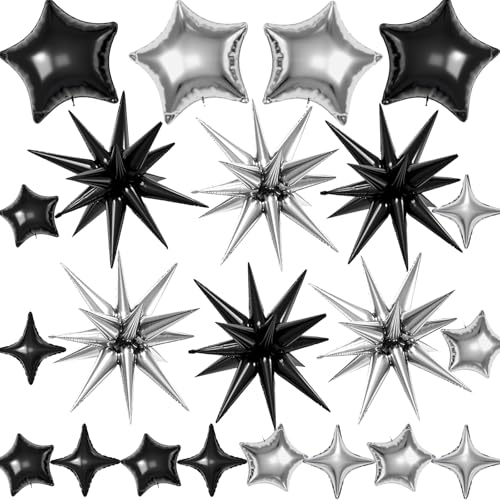 22 Pcs Star Balloons,22/18/10 Inch Star Foil Mylar Balloon,Spike Balloon and Four Pointed Balloons for Party Supplies Christmas Birthday Wedding Photo Booth (Black Silver) - color: Black Silver