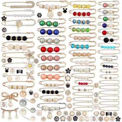 110 PCS Pearl Brooch Sock Charms Pins for Women Gold Rhinestone Junk Sock Charms Pins Sock Accessories Pant Waist Tightener for Women Hat Sweater Shirt Pant - color: Gold