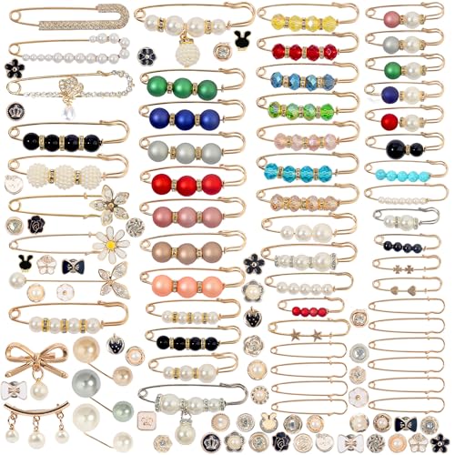 110 PCS Pearl Brooch Sock Charms Pins for Women Gold Rhinestone Junk Sock Charms Pins Sock Accessories Pant Waist Tightener for Women Hat Sweater Shirt Pant - color: Gold