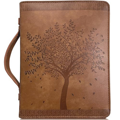 ‘Angel Treasures’ Bible Cover with Engraved Tree of Life Design| Genuine Faux PU Leather Book Protector Case with Handle, Zipper, Pockets & Pen Slots