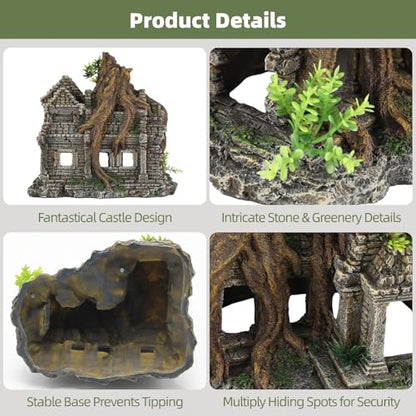 Resin Fish Tank Decoration, 9.1 in Large Aquarium Decoration, Fish Hiding Cave with Ancient Stone Texture, Aquarium Tree Root Ornament, Safe for Salt & Freshwater Fish Tank