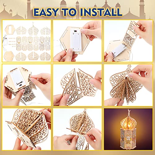 Jetec 5 Pcs Eid Ramadan Mubarak Decoration Large Size 14'' 10'' 10'' Ramadan Lantern Light 7'' Wooden Eid Mubarak Table Sign Hollow Moon Star Design Ramadhan Decoration for Home Islam Muslim Decor
