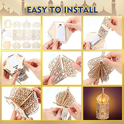 Jetec 5 Pcs Eid Ramadan Mubarak Decoration Large Size 14'' 10'' 10'' Ramadan Lantern Light 7'' Wooden Eid Mubarak Table Sign Hollow Moon Star Design Ramadhan Decoration for Home Islam Muslim Decor