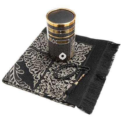 Modefa Islamic Gifts Prayer Mat | Thin Woven Praying Mat Muslim Prayer Rug | Muslim Gifts for Men Ramadan Gifts with Tesbih Prayer Beads | Ottoman Rug with Cylinder Gift Box Set (Black with Box) - color: Black #2