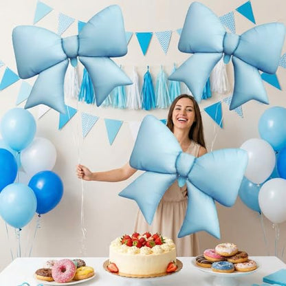 Blue Bow Balloons, 6 Pcs Large Foil for Baby Shower Gender Reveal Party - style: Blue Bow