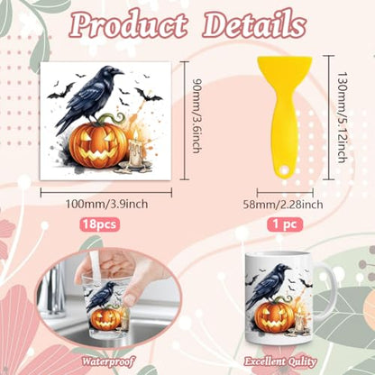 Peacoblue Halloween Elements Rub On Transfers for Craft, Transfer Sticker | 18 Sheets UV DTF Transfers, Waterproof Rub On Decals for Wood, Glass, Furniture, Tumblers & Home Decor Crafts - style: Halloween Elements