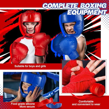 Kanayu 12 Pcs Kids Boxing Equipment Set for Beginners Ages 6-18 Years Including Boxing Helmet and Gloves Hand Wraps Sport Mouthguards Taekwondo Sparring Gear for Kids and Children - color: Blue, Red