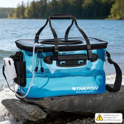 THKFISH Foldable Transparent Fishing Bucket, 8 Gallon Foldable Bait Bucket, Live Fish Container Multi-Functional Bait Bucket, Live Bait Fishing Bucket for Saltwater, Camping (8Gallon) - size: 8Gallon with Aerator