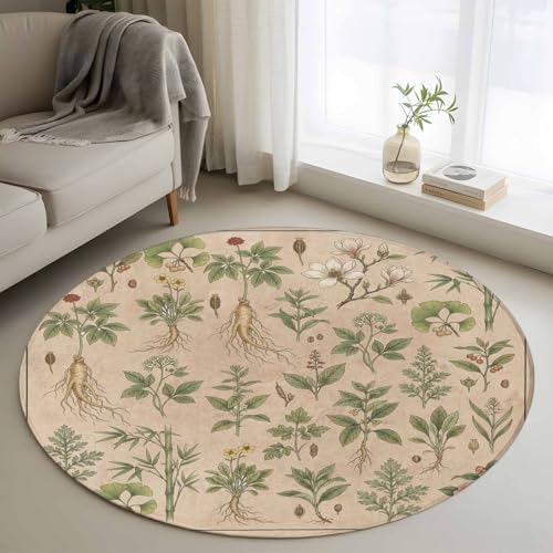 Vintage Botanical 3 Ft Round Area Rugs for Bathroom Kitchen, Washable Bath Rugs Carpet with Rug Tape, Country Herbs Leaves Plants Flowers Brown Small Indoor Outdoor Throw Doormat for Sofa Entryway - size: 3' (Round)