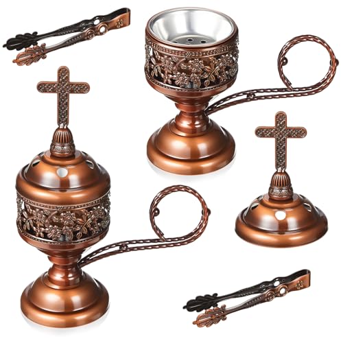 Zonon 2 Sets Incense Burner with Tong, Frankincense Charcoal Incense Stand Holder, Ideal for Yoga, Spa, Aromatherapy, Home and Christian Church Censer (Red Copper,Classic) - color: Red Copper, size: Classic