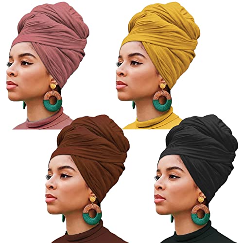 XTREND 4 Pieces Stretch Jersey Turbans Head Wrap Solid African Long Shawl Breathable Scarf Soft Hijab Fashion Headband for Women (Black, Turmeric, Dark Pink, Coffee) - color: Black, Turmeric, Dark Pink, Coffee