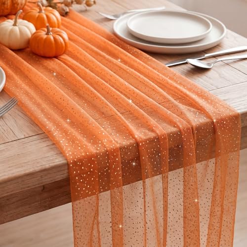 1 Pc Gauze Table Runner 10 ft, Orange Metallic Foil Sheer Glitter Table Runners for Wedding Reception Birthday Graduation Anniversary Party - color: Orange