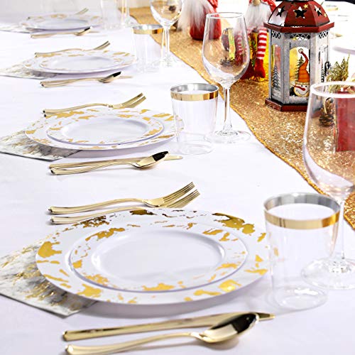 Nervure 175PCS Gold Plastic Plates with Marble Printing & Gold Plastic Silverware:50 Plates, 25 Forks, 25 Knives, 25 Spoons, 25 Cups, 25 Napkins for Thanksgiving & Wedding - color: Gold Marbling