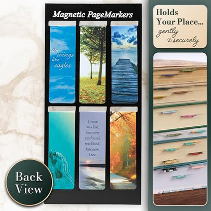 Christian Art Gifts Classic Nature Collection Magnetic Bookmark Set with Scripture, Hymn and Poem for Women and Men, Inspirational Magnetic Pagemarker Set of 6 for Bibles, Books, Size 2.3" x 0.8"