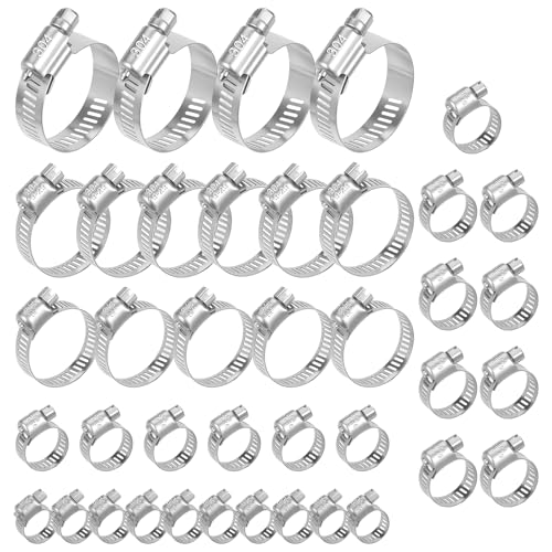 40Pcs Hose Clamps,Stainless Steel Hose Clamp Assortment Kit, 1/4" to 1-1/2" (6–38mm) Adjustable Worm Gear Pipe Hose Clamp For Fuel Line，Plumbing, Applications, Tube, Garden