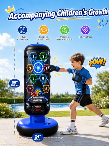 Punching Bag for Kids, Inflatable Boxing Bag with Electronic Scoring, Lights, Music & 4 Training Modes, Boxing Set with Gloves & Air Pump, Birthday Gifts for Boys & Girls 4-12