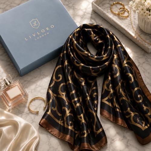 LONDON Women’s Satin Silky Scarf Gift Box Large Lightweight Silky Smooth Shawl Wrap for Hair, Head, Neck or Hijab - color: Celtic - Box