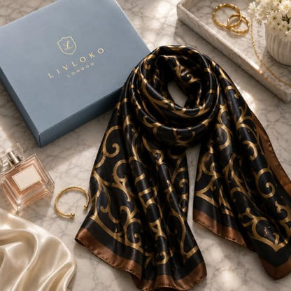 LONDON Women’s Satin Silky Scarf Gift Box Large Lightweight Silky Smooth Shawl Wrap for Hair, Head, Neck or Hijab - color: Celtic - Box