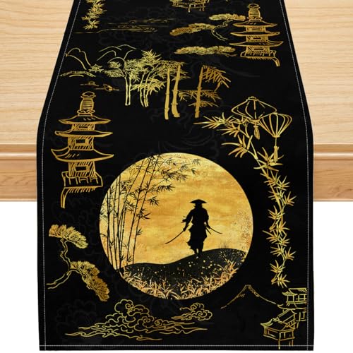 Japanese Samurai Table Runner, Black and Gold Bamboo Asian Zen Decor, Premium Linen Dining Table Cover for Home Kitchen Party,13x36 Inch - color: Black Gold Samurai, size: 13x36inch