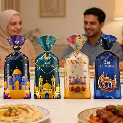 100 Pcs Eid Mubarak Cellophane Bags 4 Styles Ramadan Cello Bag Moon Star Castle Candy Bags with Twist Ties Multi-Color Treat Gift Bag for Goodies Ramadan Festival Party Favor