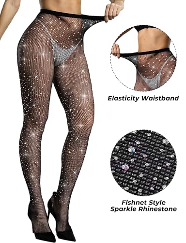 Buauty Black Fishnet Stockings for Women, Fishnet Tights Plus Size One Size Fit All - color: Rhinestone-black, size: One Size