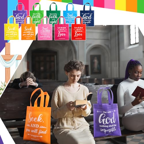 WILLBOND Christian Gift Bags Reusable Non Woven Bible Verse Goodie Bags with Handle Fabric Religious Employee Appreciation Gifts for Church Positive Business Party Favor - color: Bright Color