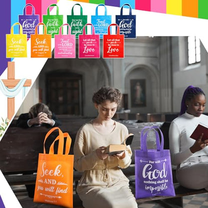 WILLBOND Christian Gift Bags Reusable Non Woven Bible Verse Goodie Bags with Handle Fabric Religious Employee Appreciation Gifts for Church Positive Business Party Favor - color: Bright Color