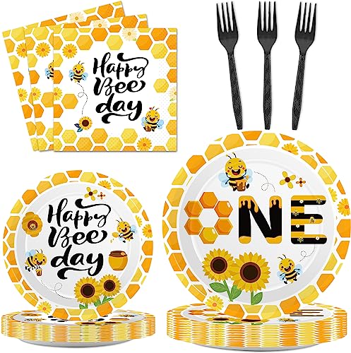 Qyeahkj 100 Pcs Bee 1st Birthday Party Supplies Paper Plates and Napkins Set Disposable Bee First Birthday Tableware Decorations for Bees Theme Baby Shower Serves 25 - style: Bee 1st