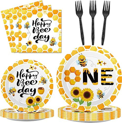 Qyeahkj 100 Pcs Bee 1st Birthday Party Supplies Paper Plates and Napkins Set Disposable Bee First Birthday Tableware Decorations for Bees Theme Baby Shower Serves 25 - style: Bee 1st