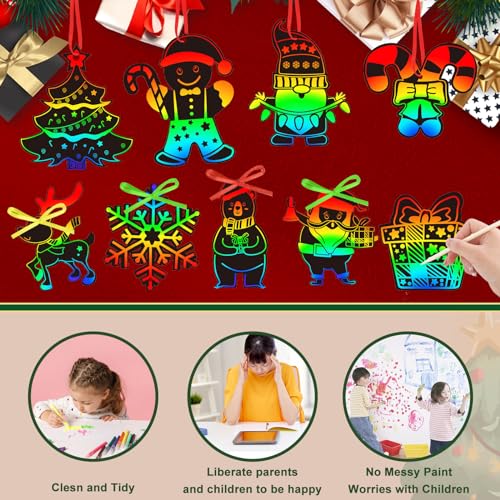 FEBSNOW Christmas Crafts for Kids, Magic Rainbow Scratch Art Paper Cards Tree Hanging Ornaments Christmas Gifts for Kids Holiday Party Favors Games - style: Christmas