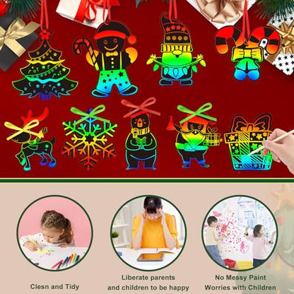 FEBSNOW Christmas Crafts for Kids, Magic Rainbow Scratch Art Paper Cards Tree Hanging Ornaments Christmas Gifts for Kids Holiday Party Favors Games - style: Christmas