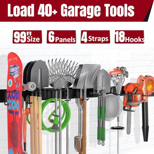99" Garage Tool Organizer Wall Mount, 28 Pack Heavy Duty Wall Mount Garage Storage Rack Carries1000 lbs, Metal Wall Mount Tool Hanger for Shovels, Rakes, Fits 16" Wall Studs (6 Panels) - size: 99" | 6 Panels+18 Hooks+4 Straps