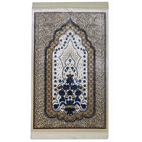 Modefa Turkish Islamic Velvet Prayer Rug - Prayer Mat Carpet for Men and Women - Traditional Muslim Janamaz Sajada - Ramadan or Eid Gift - with Car Hanger - Luxury Winter Rose (Brown/Blue) - color: Brown / Blue