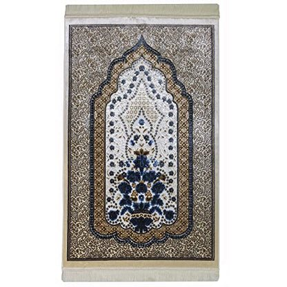 Modefa Turkish Islamic Velvet Prayer Rug - Prayer Mat Carpet for Men and Women - Traditional Muslim Janamaz Sajada - Ramadan or Eid Gift - with Car Hanger - Luxury Winter Rose (Brown/Blue) - color: Brown / Blue